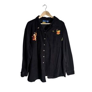 Vintage Disney Winnie the Pooh Corduroy Shirt Flannel Black Embroidered Size 26